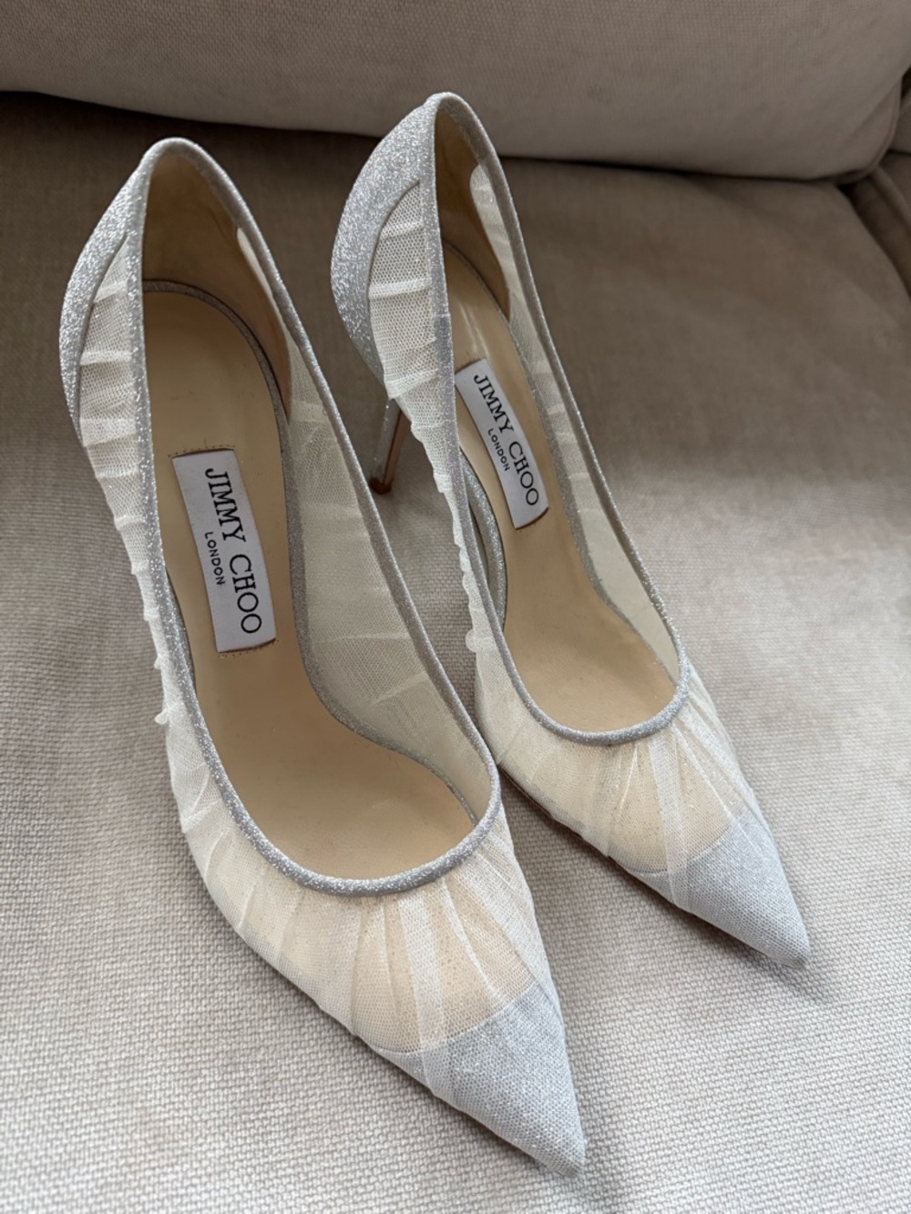Jimmy Choo Ivory and Silver Glitter Pointed-Toe Pumps